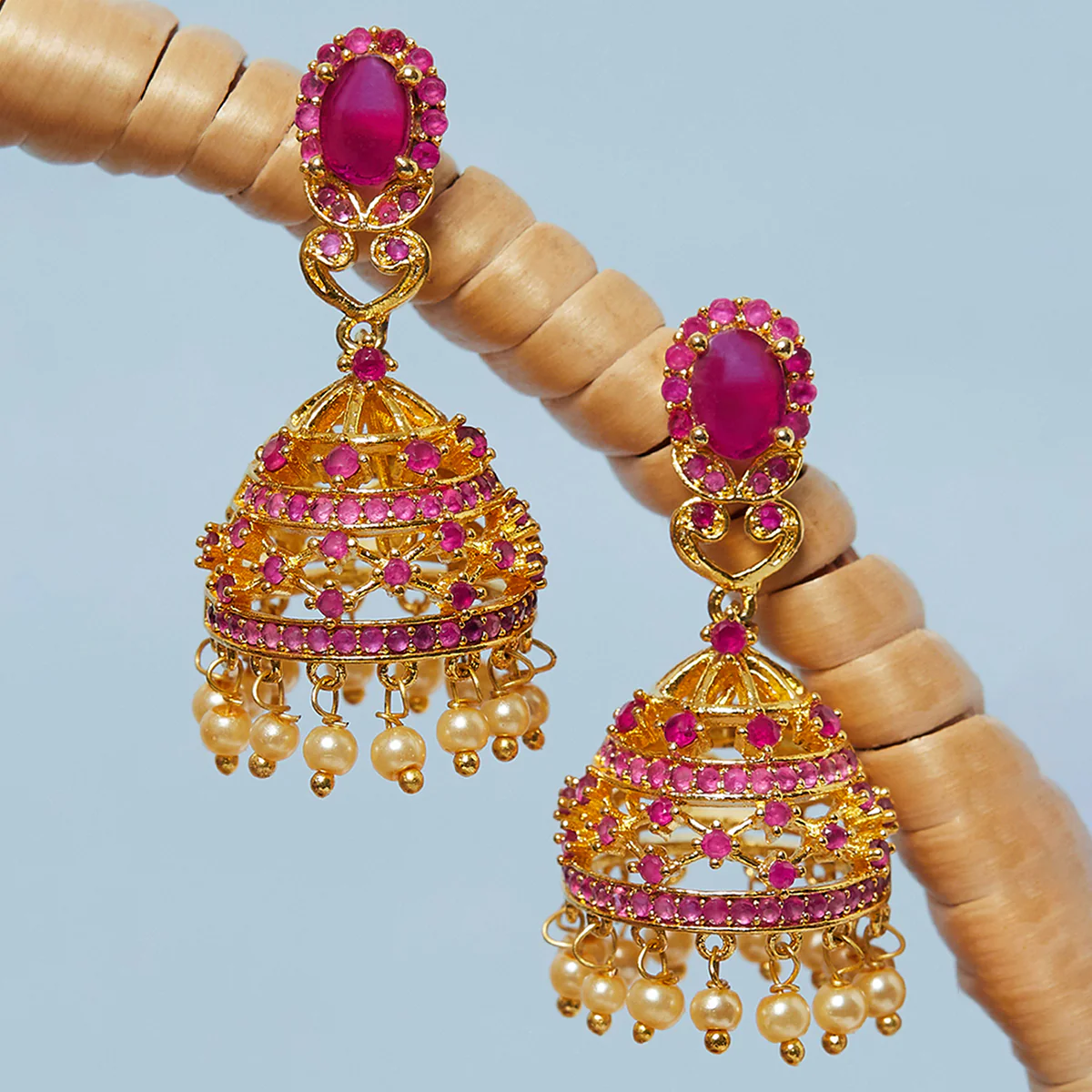CZ Traditional Gold Plated Red Jhumka Earrings