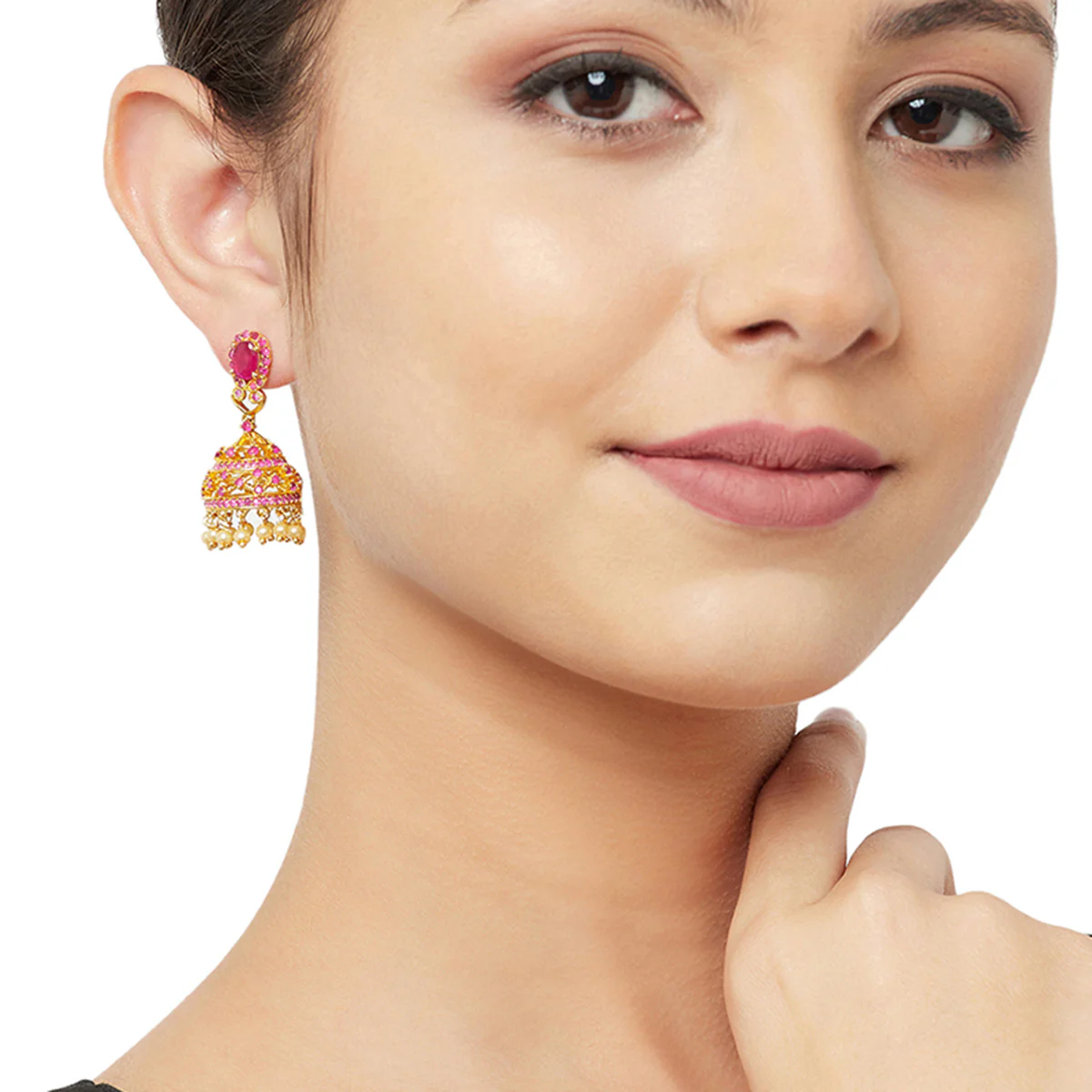 CZ Traditional Gold Plated Red Jhumka Earrings - Image 2