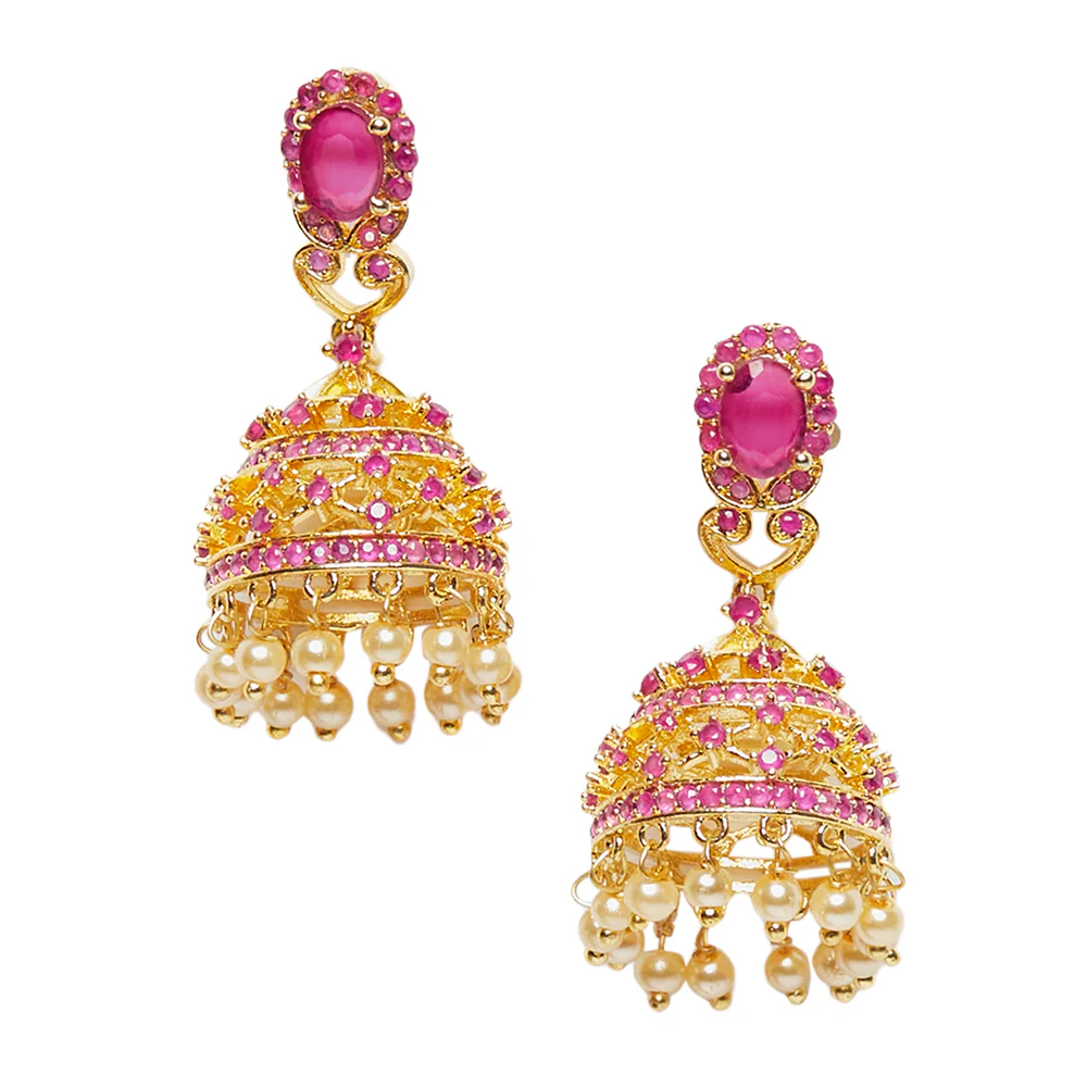 CZ Traditional Gold Plated Red Jhumka Earrings - Image 3