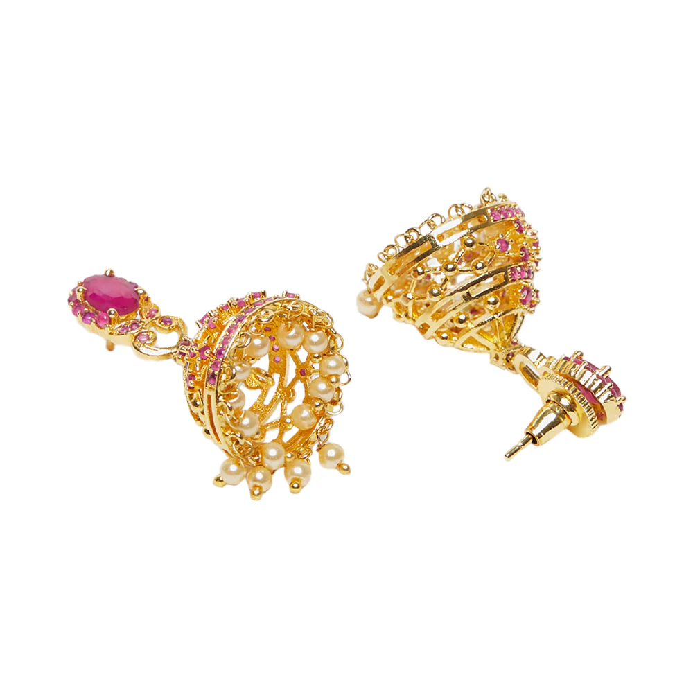 CZ Traditional Gold Plated Red Jhumka Earrings - Image 4