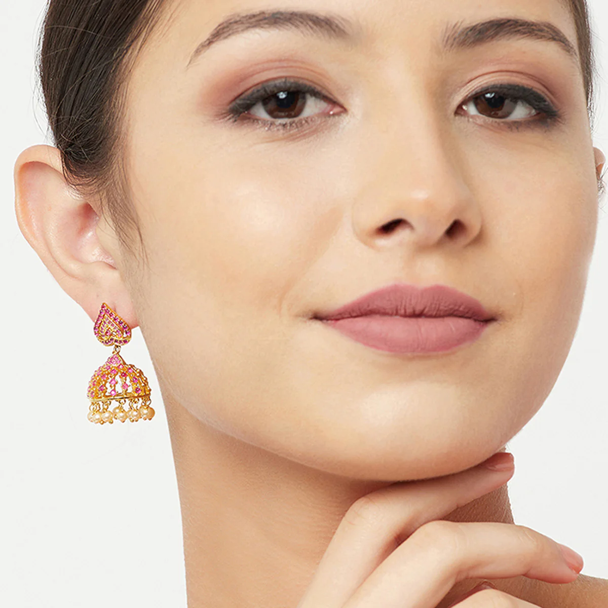 CZ Traditional Gold Plated Red Jhumka Earrings - Image 2