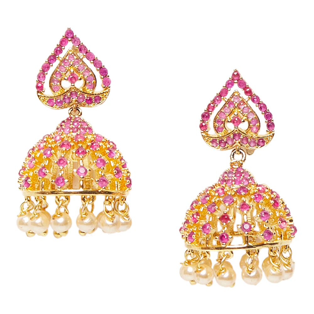 CZ Traditional Gold Plated Red Jhumka Earrings - Image 3