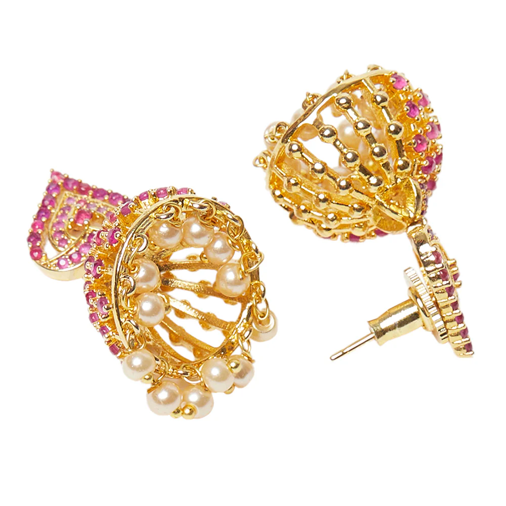 CZ Traditional Gold Plated Red Jhumka Earrings - Image 4