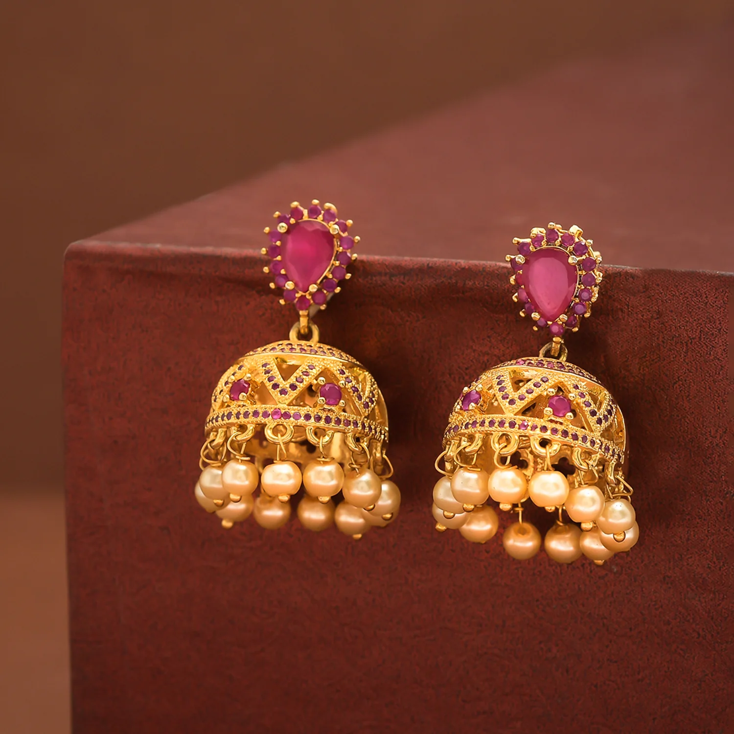 CZ Traditional Gold Plated Red Jhumka Earrings