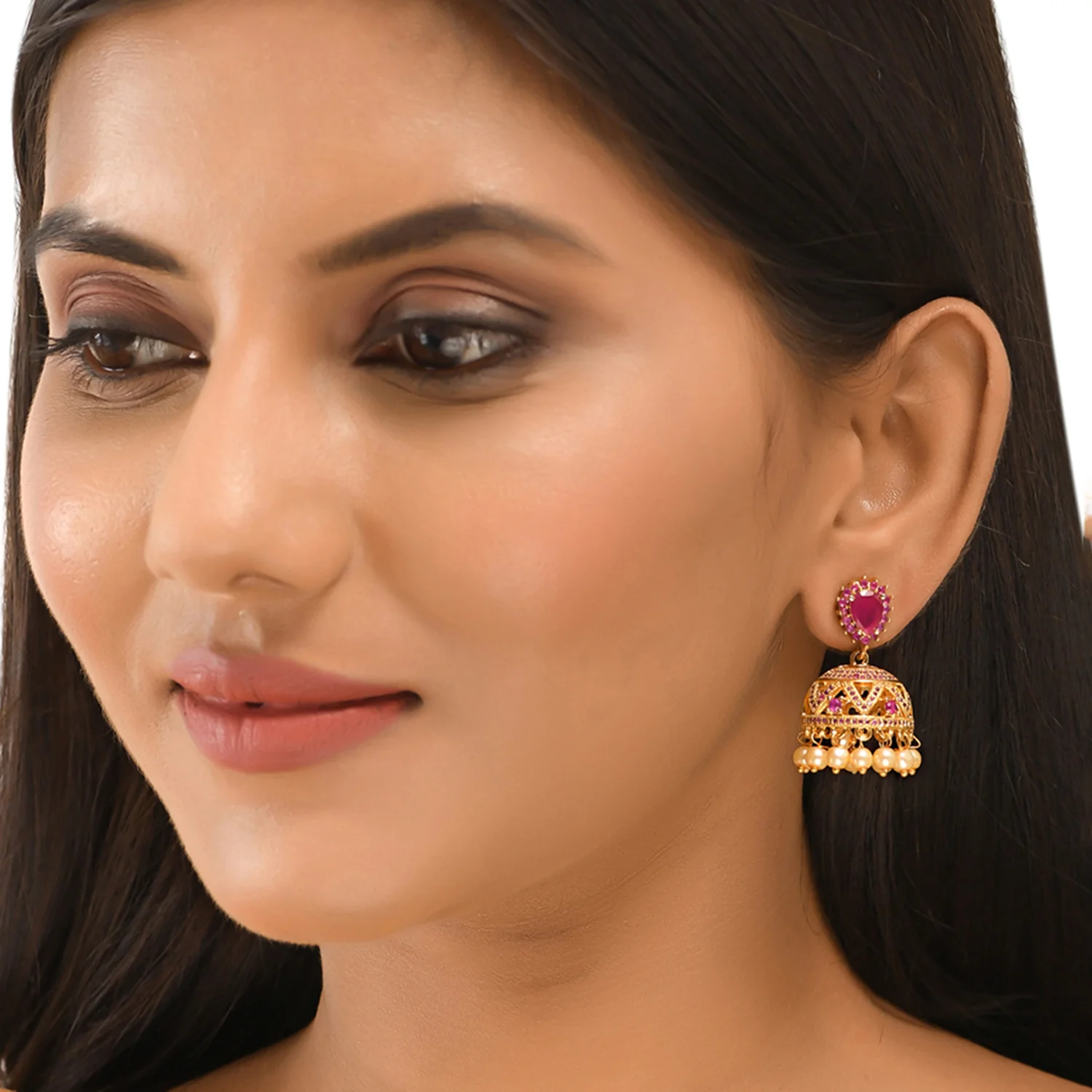CZ Traditional Gold Plated Red Jhumka Earrings - Image 2
