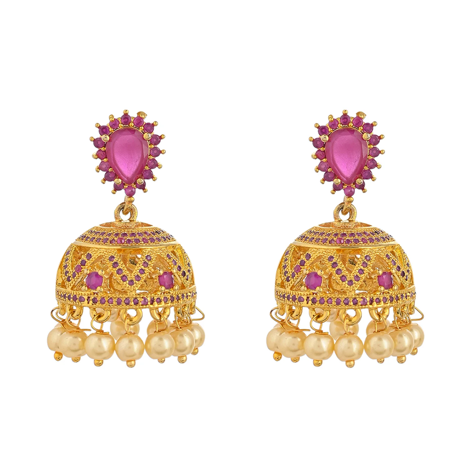 CZ Traditional Gold Plated Red Jhumka Earrings - Image 3