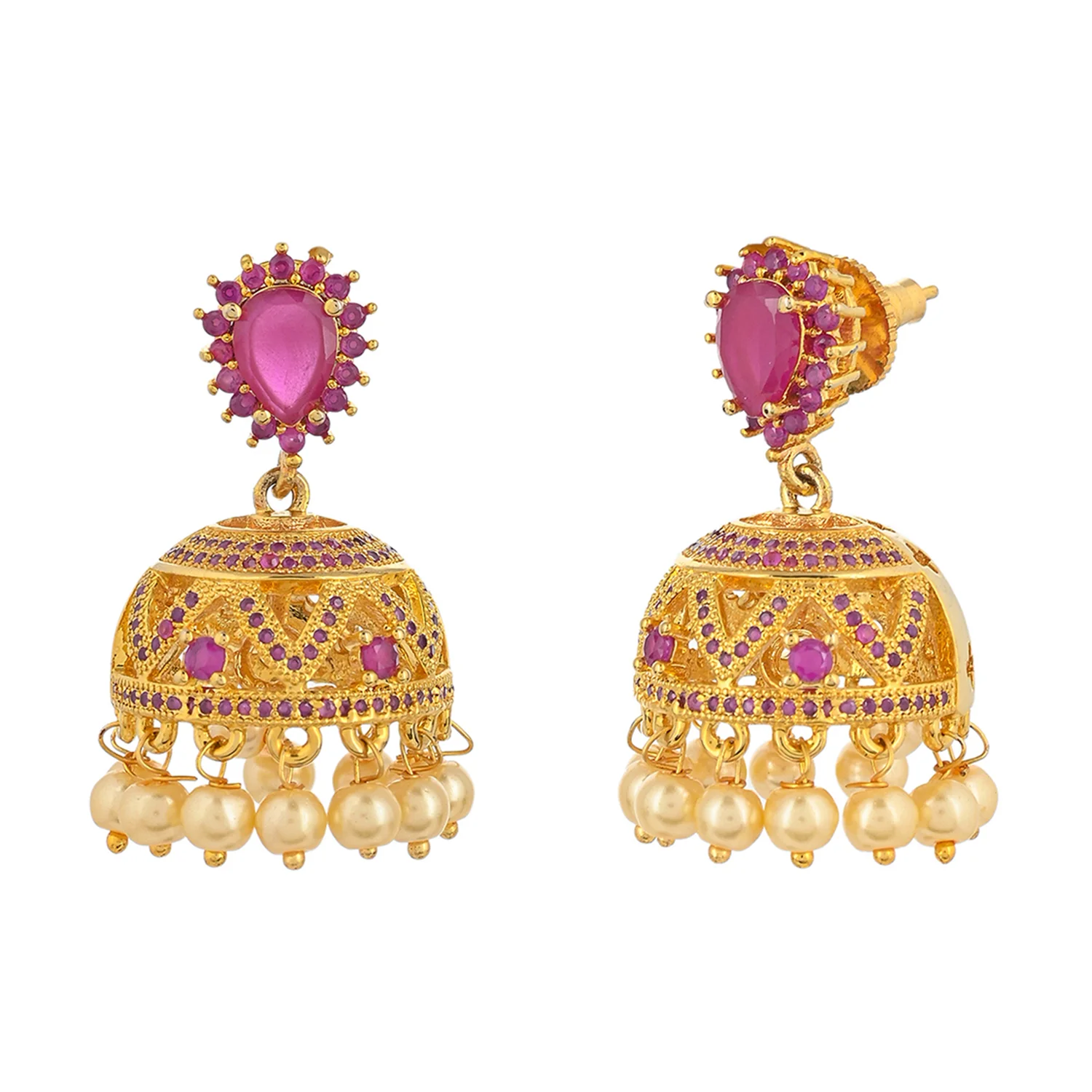 CZ Traditional Gold Plated Red Jhumka Earrings - Image 4