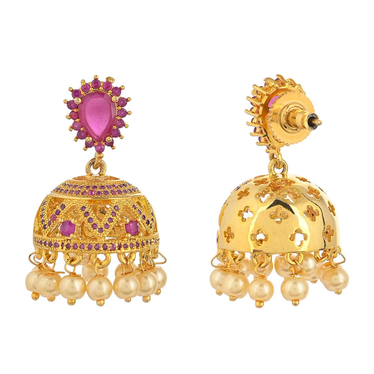 CZ Traditional Gold Plated Red Jhumka Earrings - Image 5