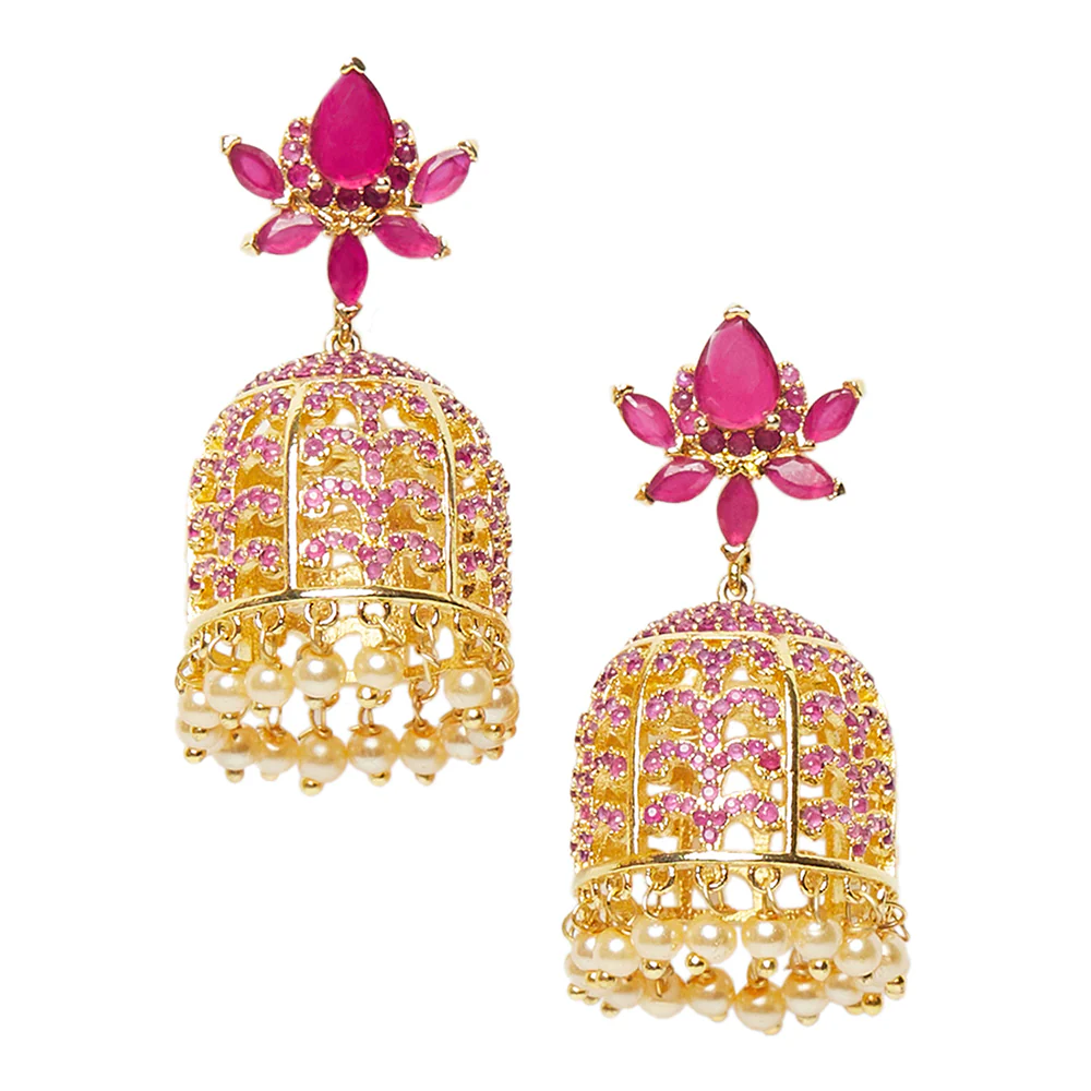 American Diamond CZ Traditional Gold Plated Red Brass Jhumka Earrings for Women - Image 3