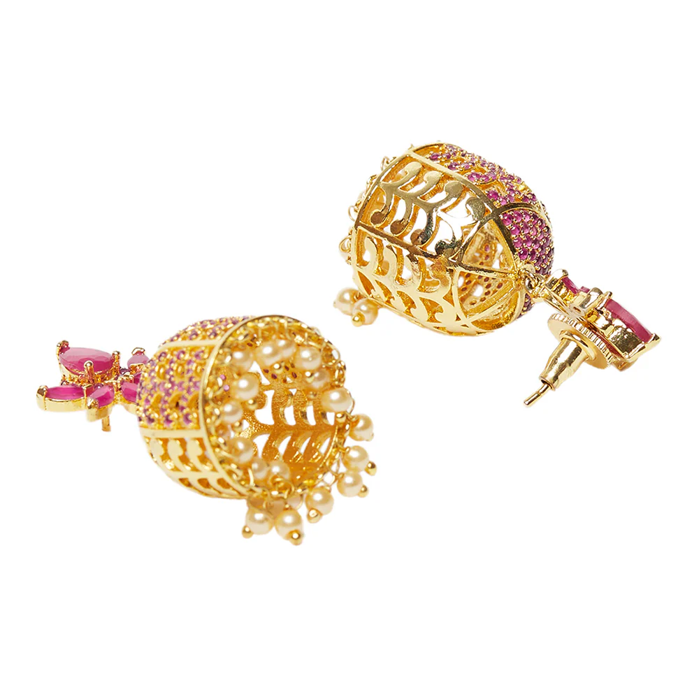 American Diamond CZ Traditional Gold Plated Red Brass Jhumka Earrings for Women - Image 4