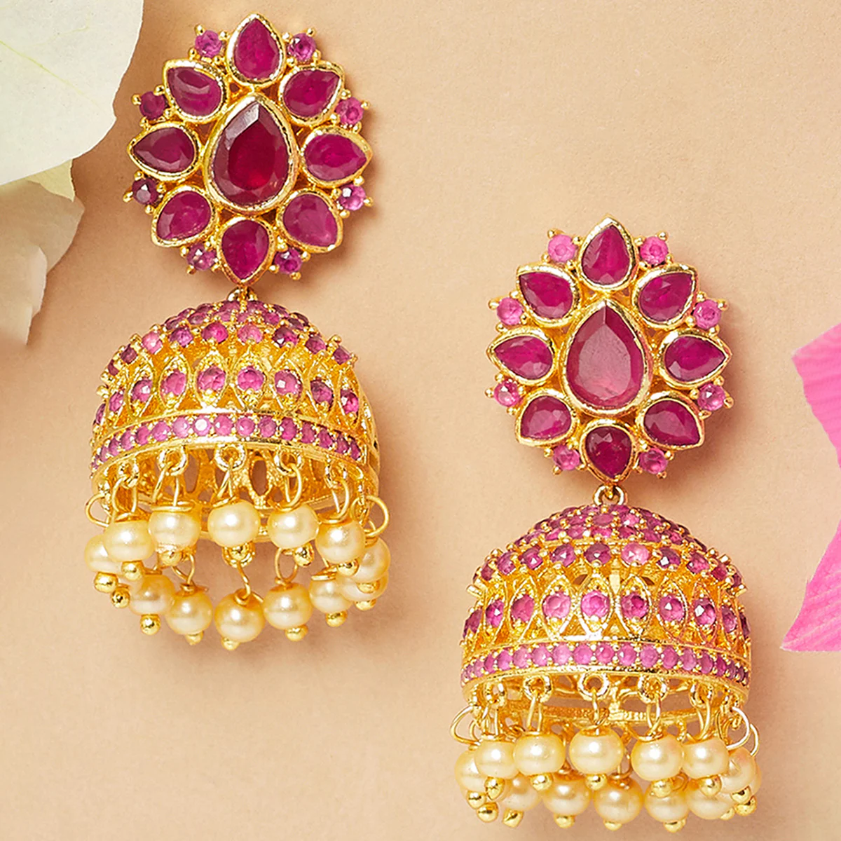American Diamond CZ Traditional Gold Plated Red Brass Jhumka Earrings for Women