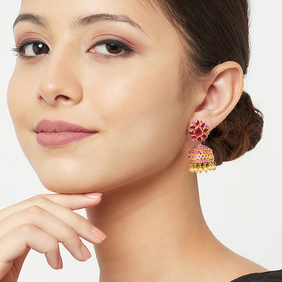 American Diamond CZ Traditional Gold Plated Red Brass Jhumka Earrings for Women - Image 2