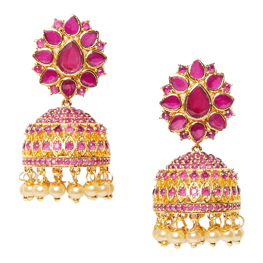 American Diamond CZ Traditional Gold Plated Red Brass Jhumka Earrings for Women - Image 3