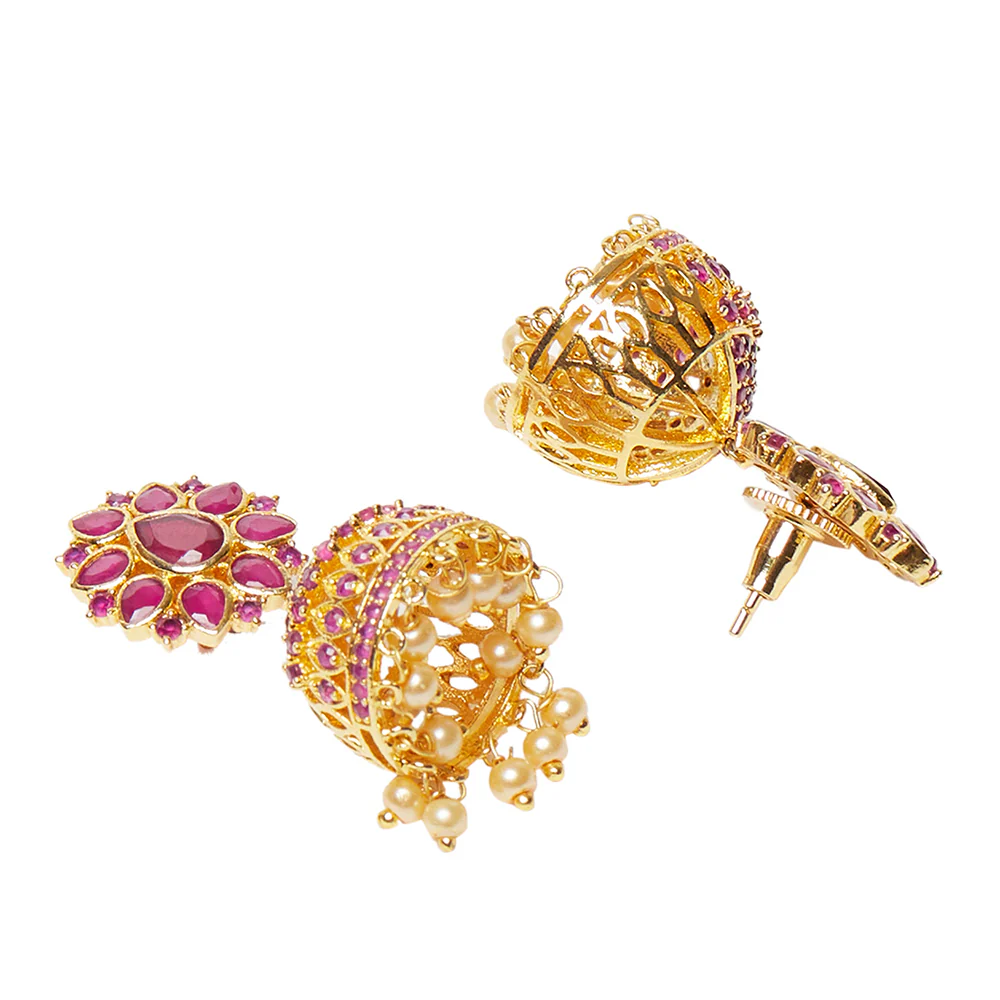 American Diamond CZ Traditional Gold Plated Red Brass Jhumka Earrings for Women - Image 4