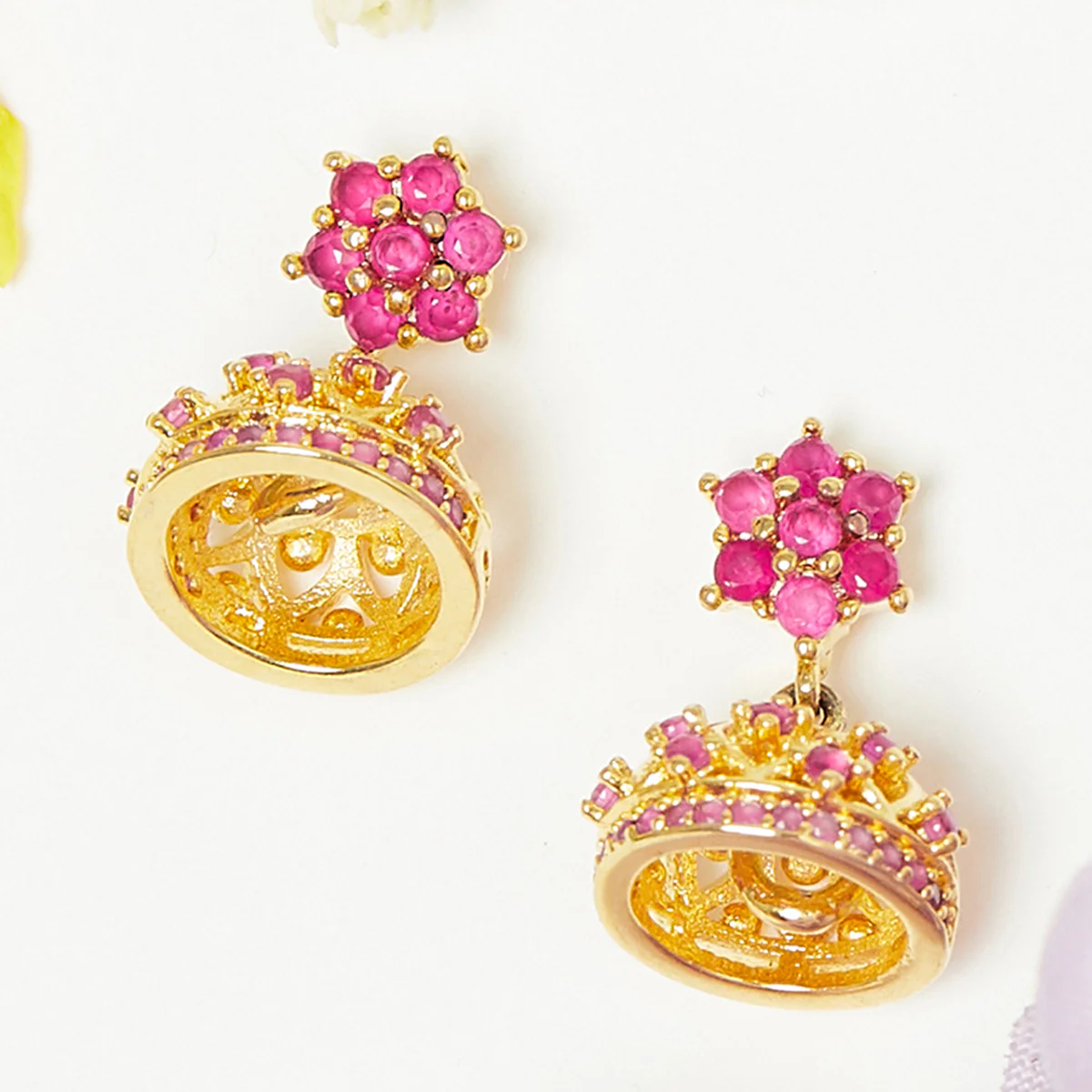 American Diamond CZ Traditional Gold Plated Red & Green Brass Jhumka Earrings for Women