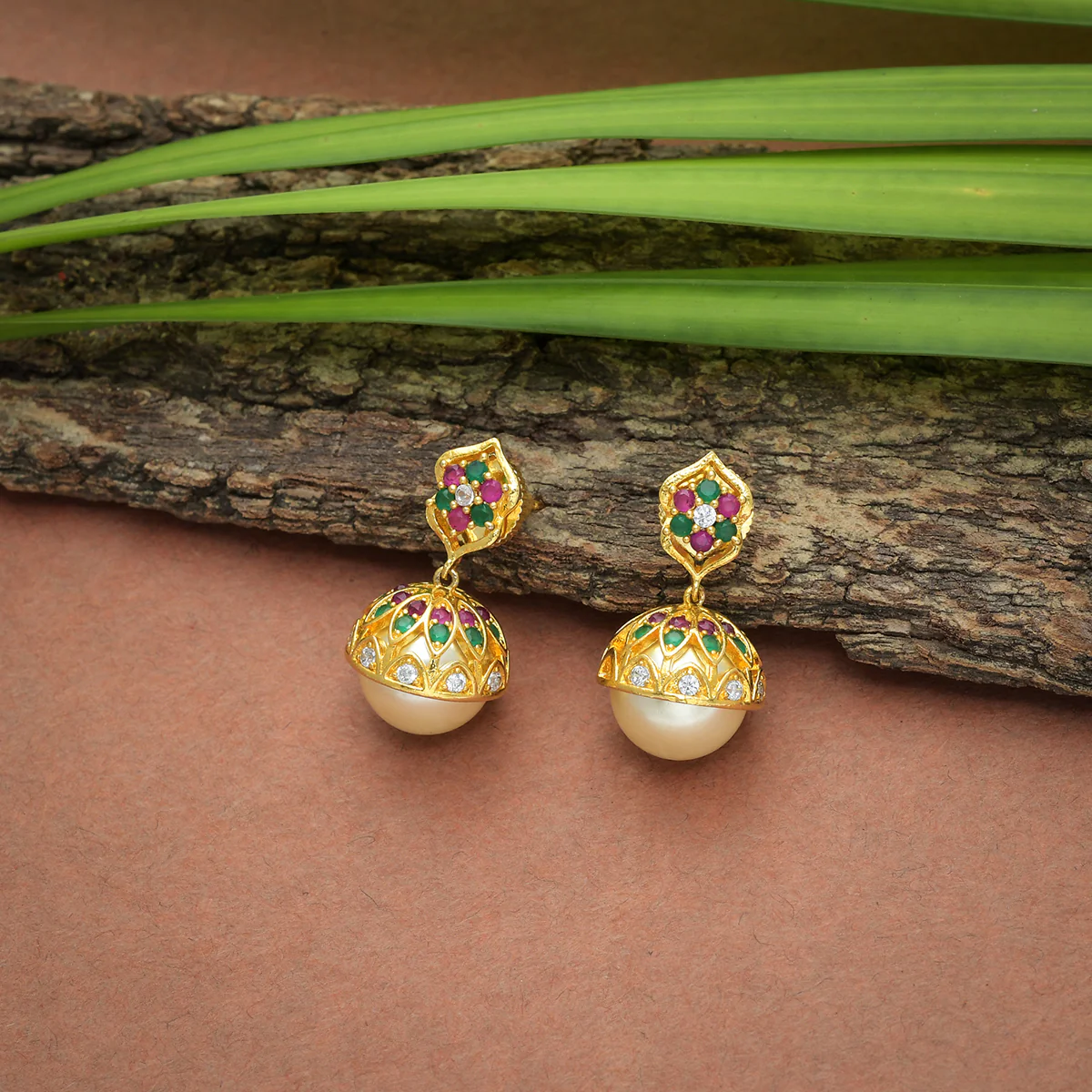 CZ Traditional Gold Plated Red & Green Jhumka Earrings