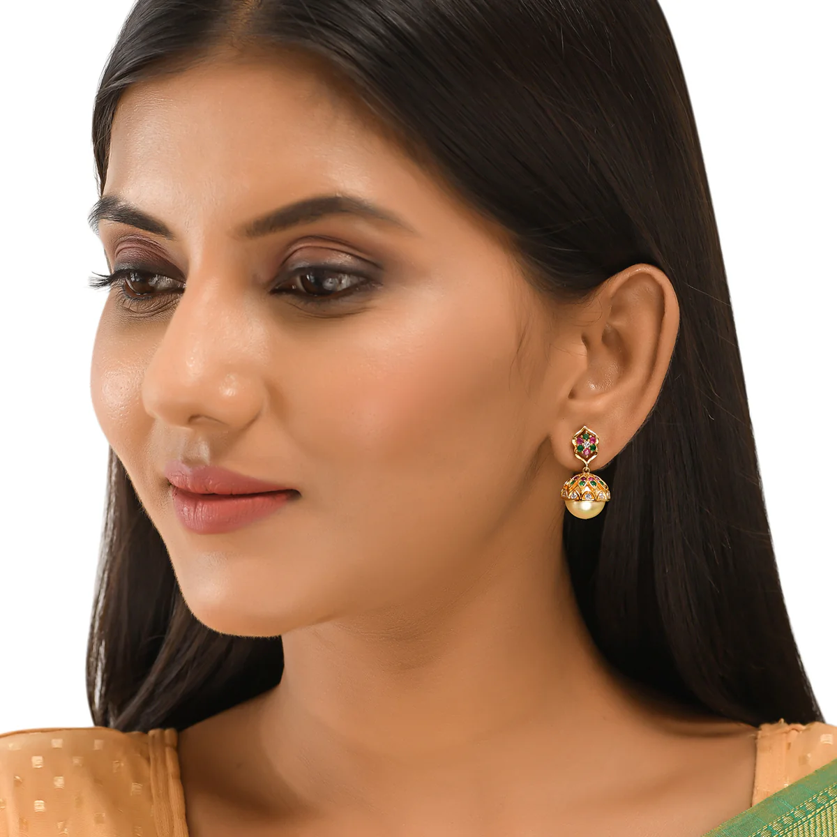 CZ Traditional Gold Plated Red & Green Jhumka Earrings - Image 2