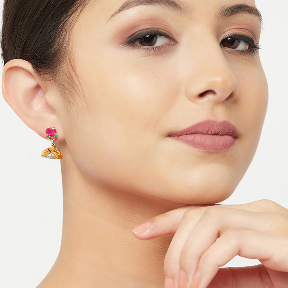 CZ Traditional Gold Plated Red & Green Jhumka Earrings - Image 2