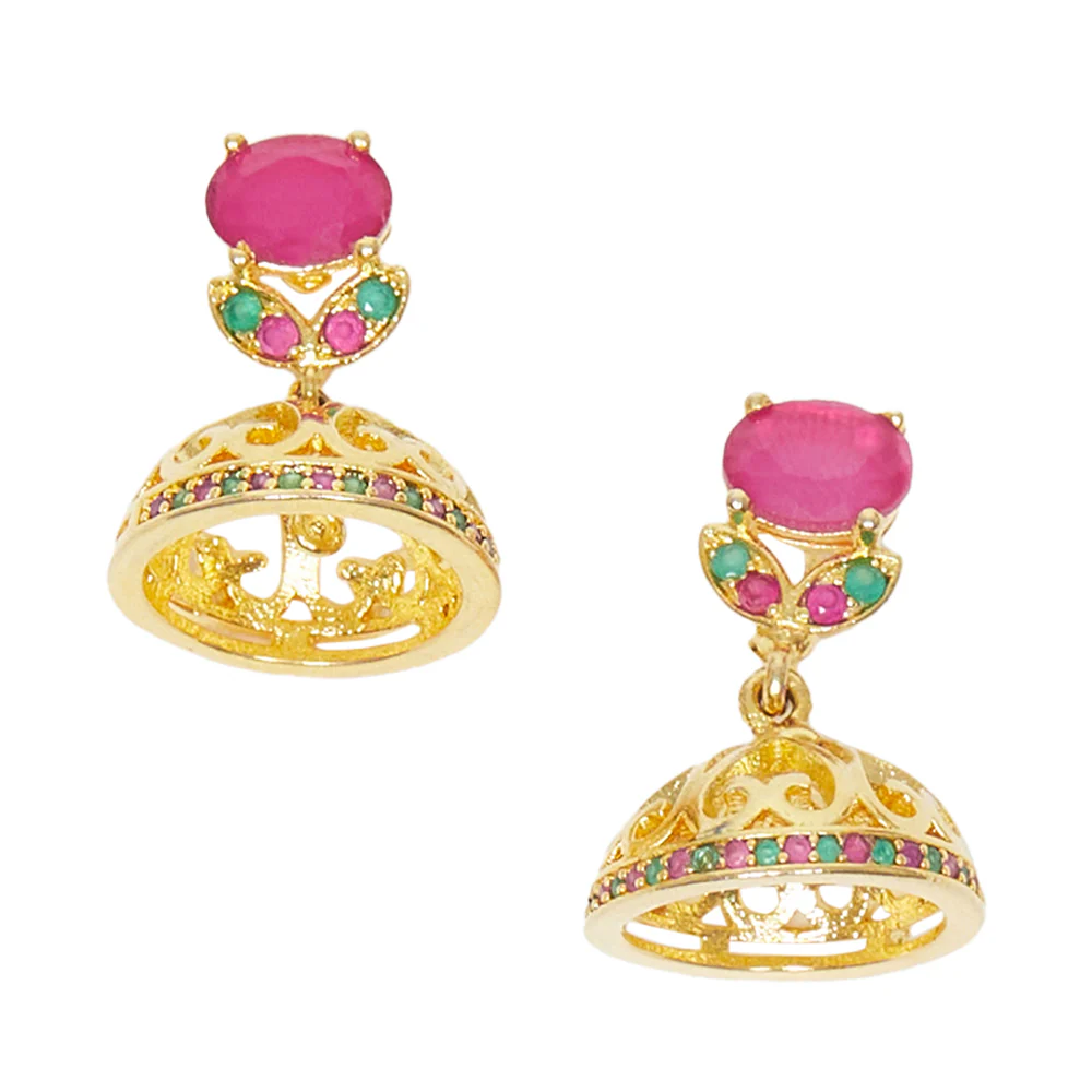 CZ Traditional Gold Plated Red & Green Jhumka Earrings - Image 3
