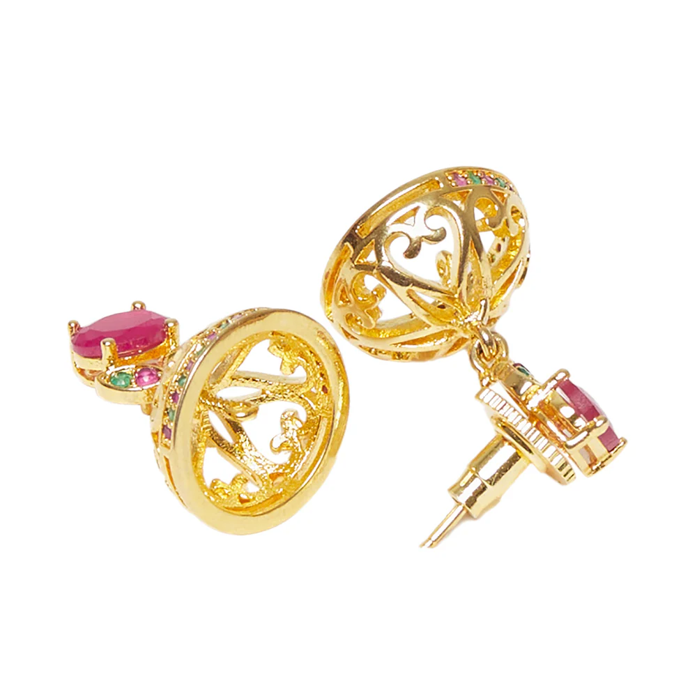 CZ Traditional Gold Plated Red & Green Jhumka Earrings - Image 4