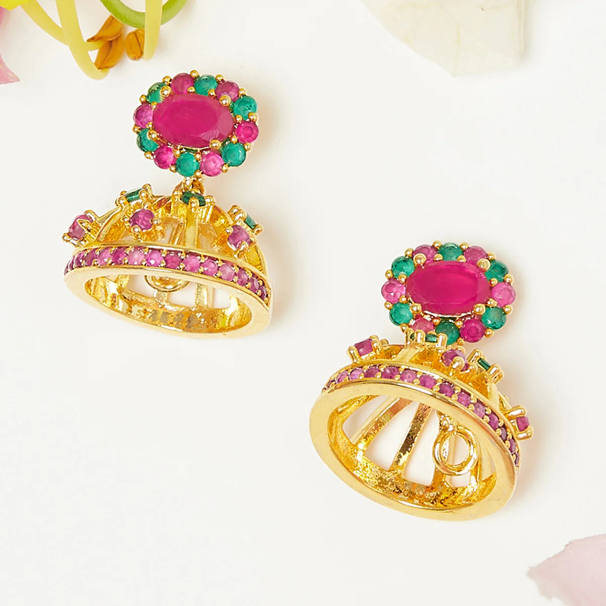 American Diamond CZ Traditional Gold Plated Red & Green Brass Jhumka Earrings for Women
