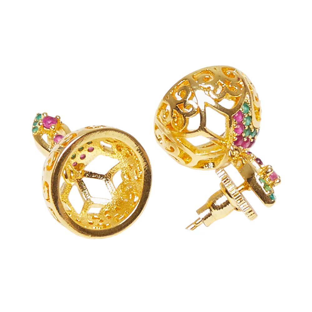 American Diamond CZ Traditional Gold Plated Red & Green Brass Jhumka Earrings for Women - Image 4