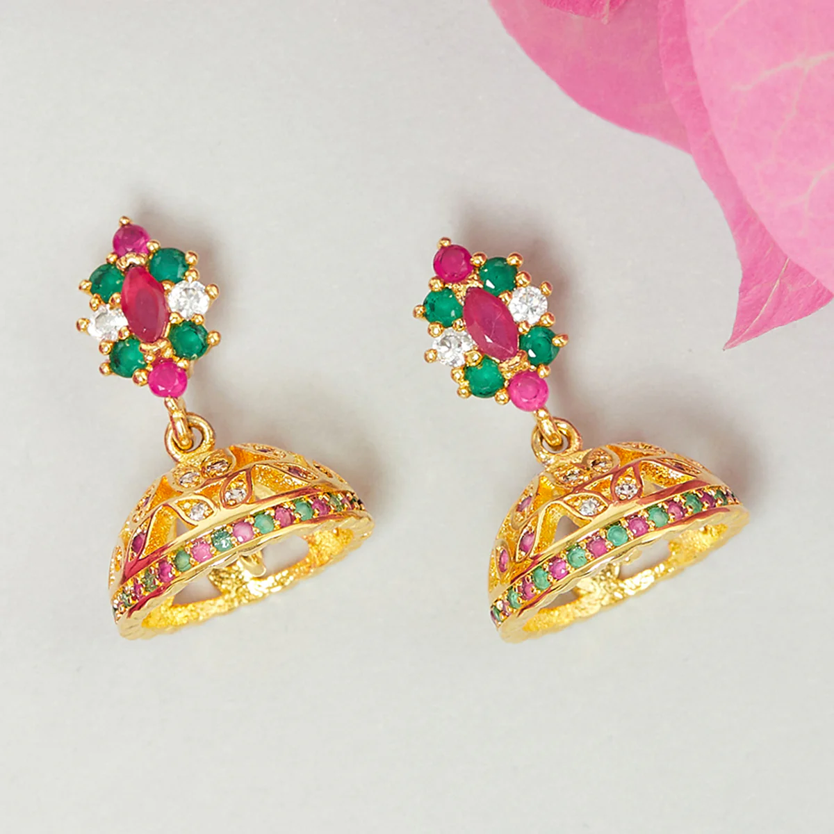 American Diamond CZ Traditional Gold Plated Red & Green Brass Jhumka Earrings for Women