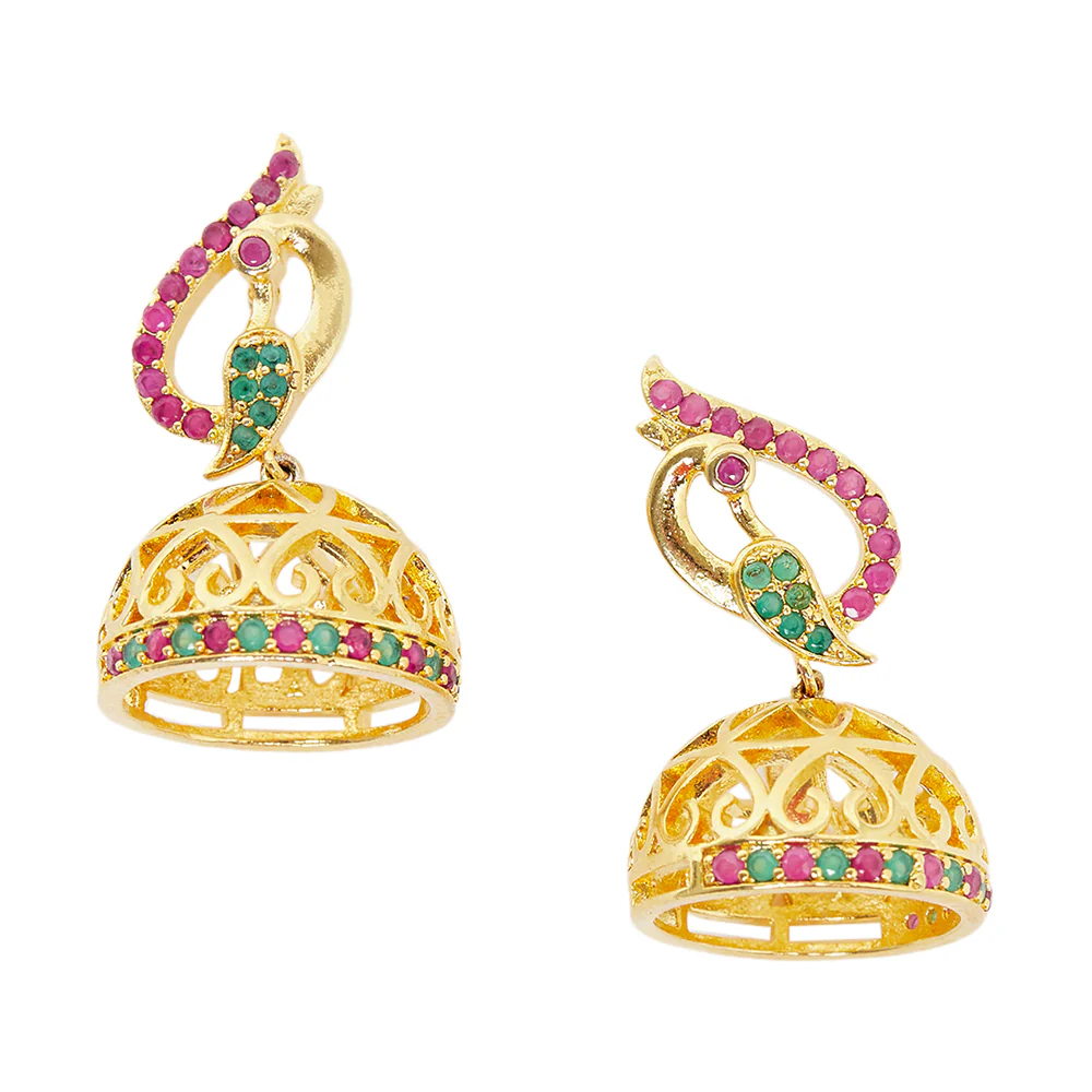 American Diamond CZ Traditional Gold Plated Red & Green Brass Jhumka Earrings for Women - Image 3