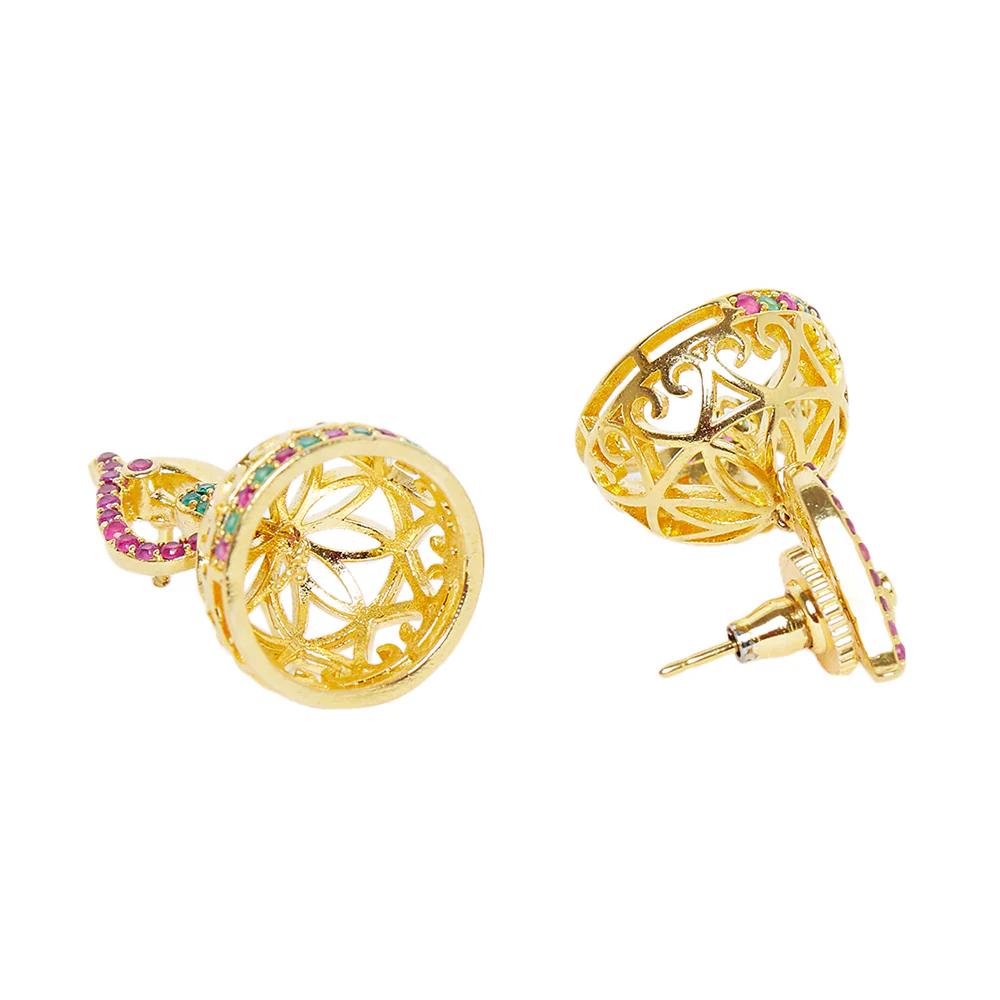 American Diamond CZ Traditional Gold Plated Red & Green Brass Jhumka Earrings for Women - Image 4