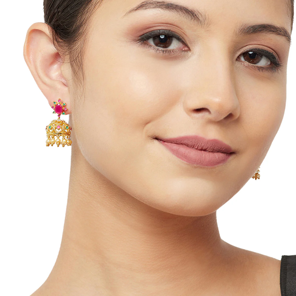 American Diamond CZ Traditional Gold Plated Red & Green Brass Jhumka Earrings for Women - Image 2