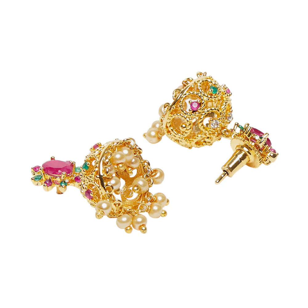 American Diamond CZ Traditional Gold Plated Red & Green Brass Jhumka Earrings for Women - Image 4