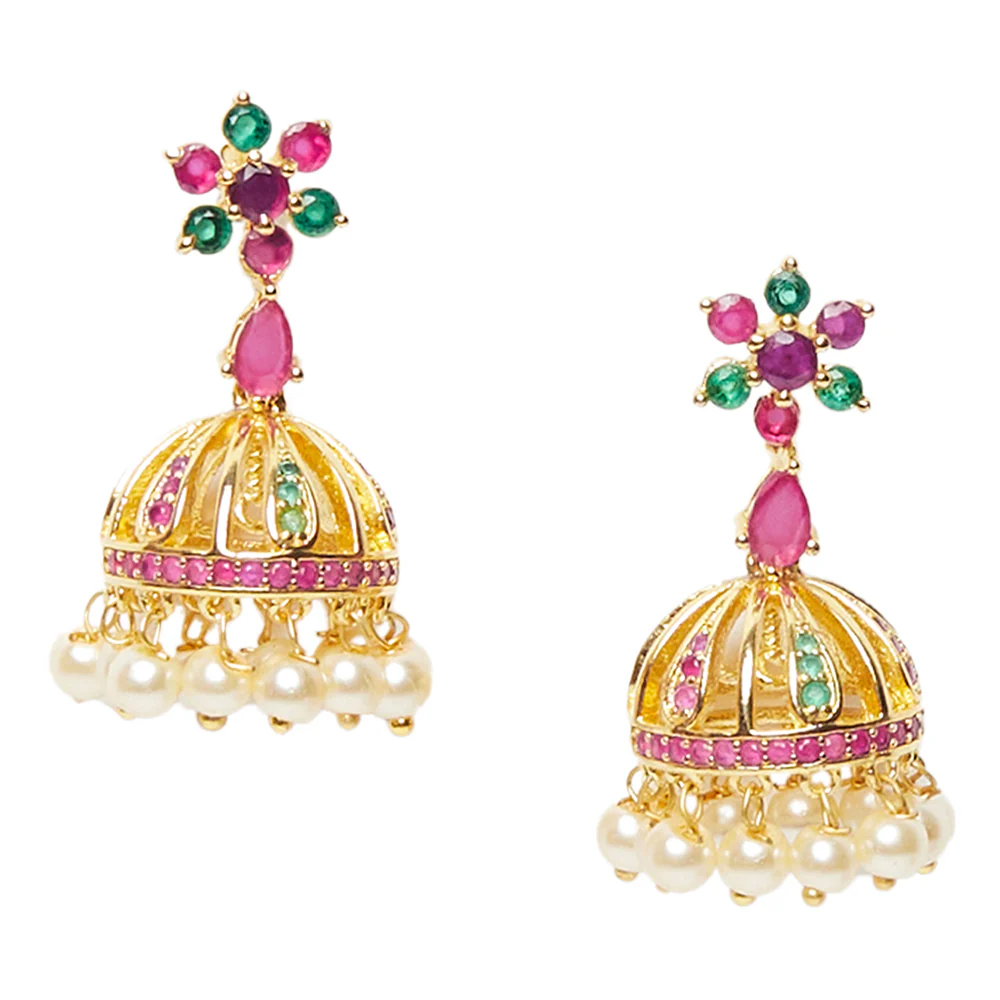 CZ Traditional Gold Plated Red & Green Jhumka Earrings - Image 3