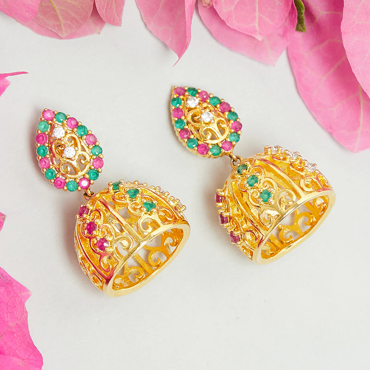 American Diamond CZ Traditional Gold Plated Red & Green Brass Jhumka Earrings for Women