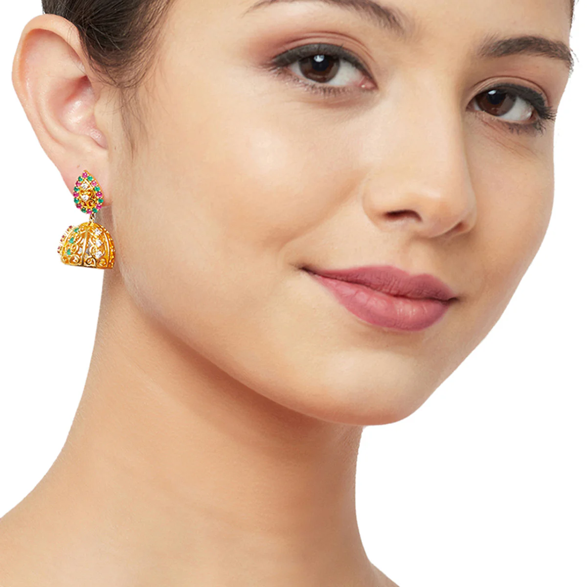American Diamond CZ Traditional Gold Plated Red & Green Brass Jhumka Earrings for Women - Image 2