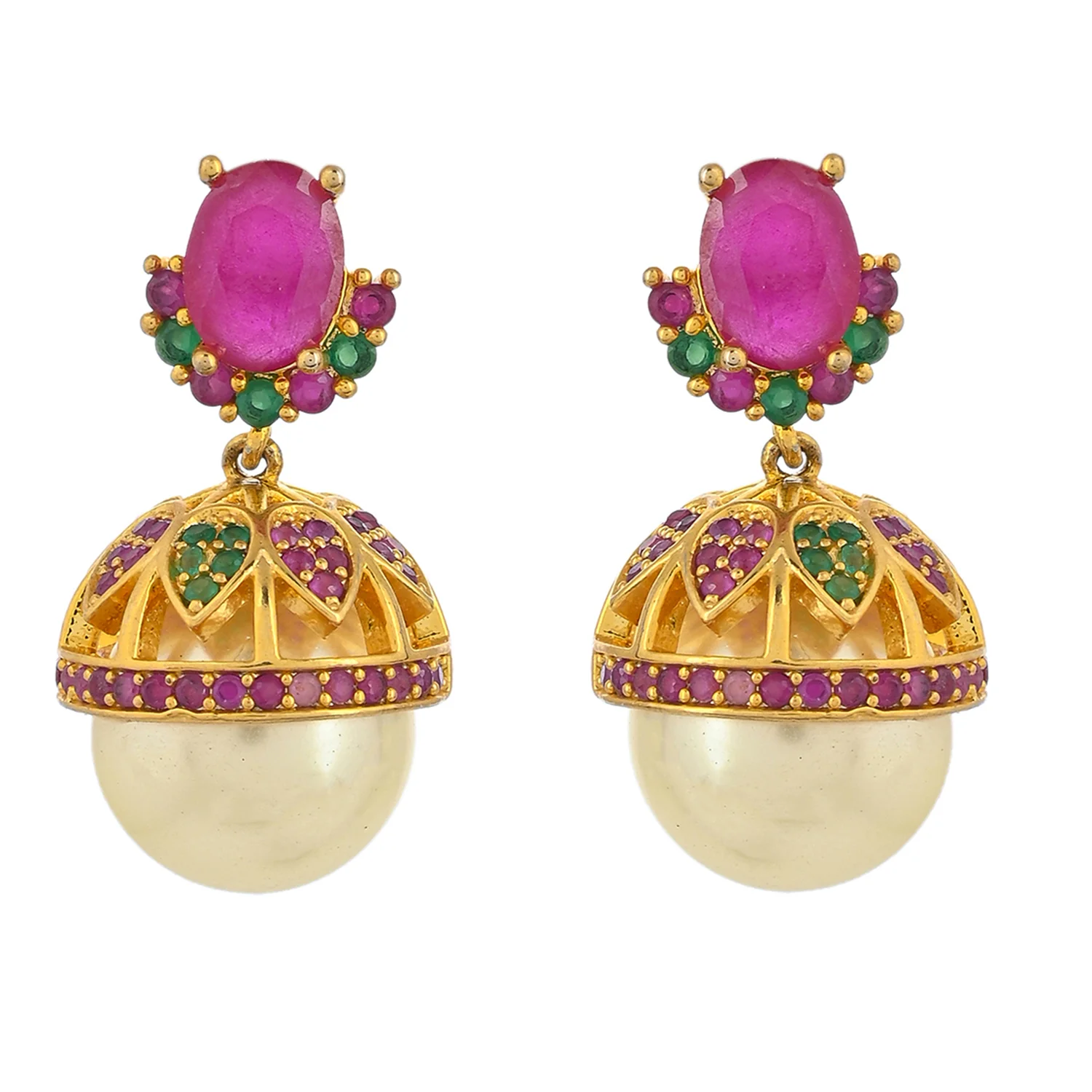 American Diamond CZ Traditional Gold Plated Red & Green Brass Jhumka Earrings for Women - Image 3