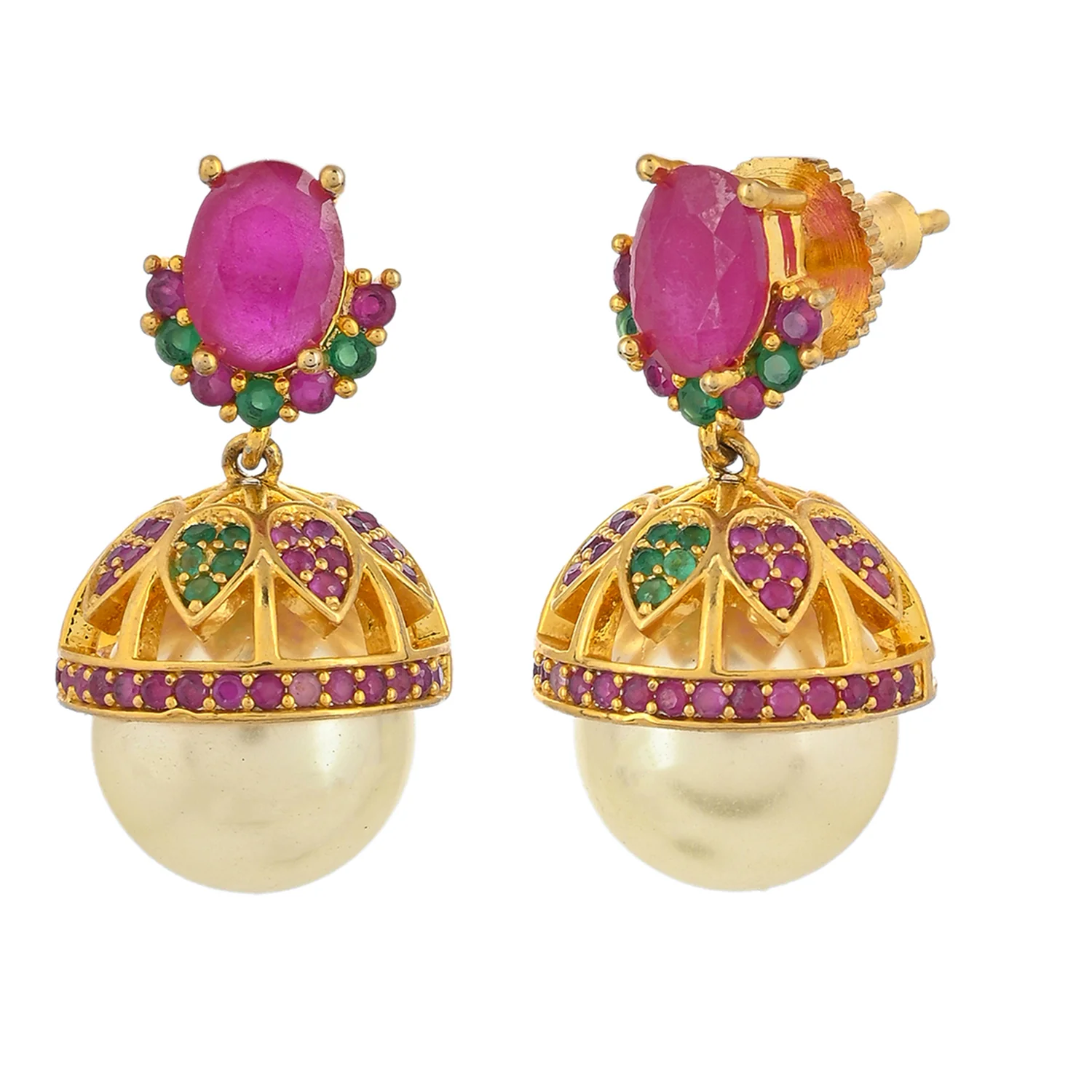 American Diamond CZ Traditional Gold Plated Red & Green Brass Jhumka Earrings for Women - Image 4