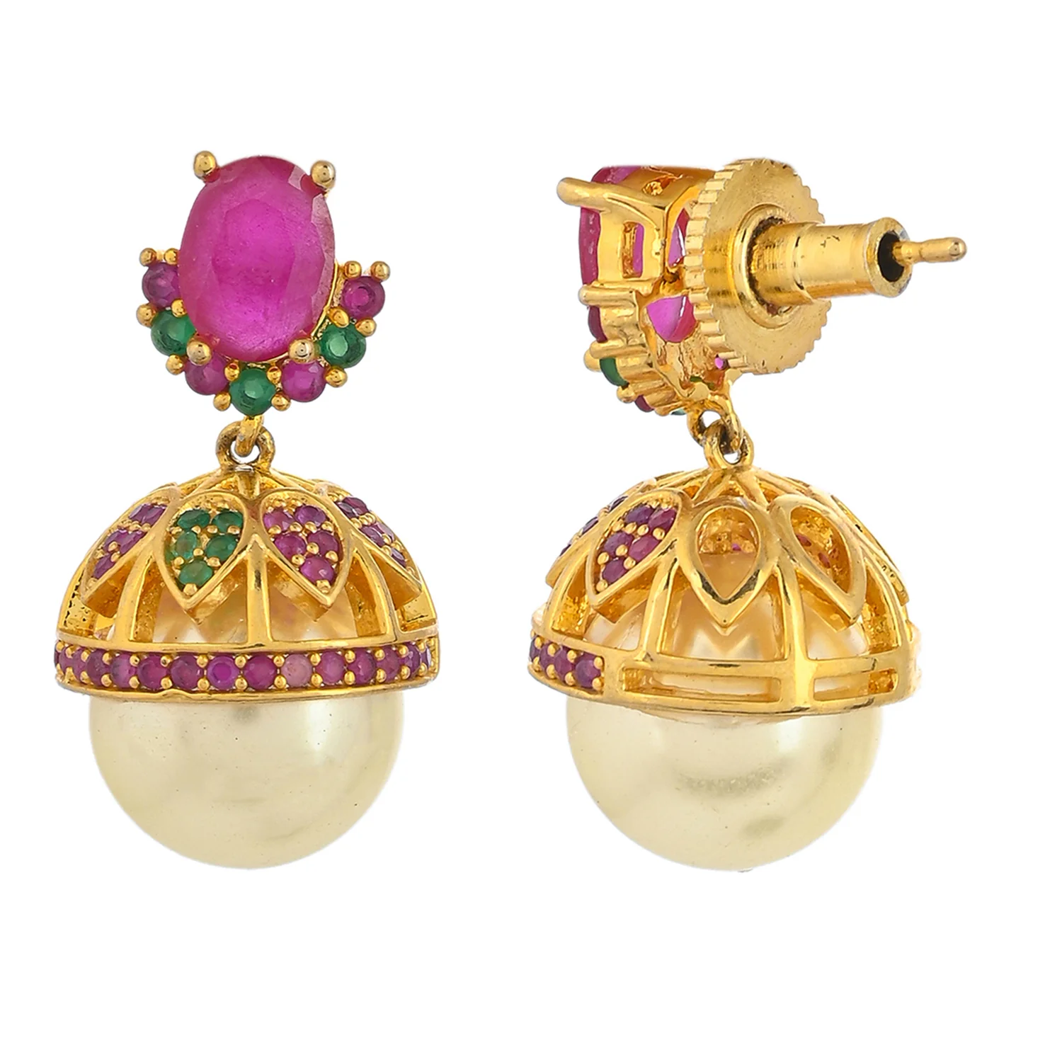 American Diamond CZ Traditional Gold Plated Red & Green Brass Jhumka Earrings for Women - Image 5