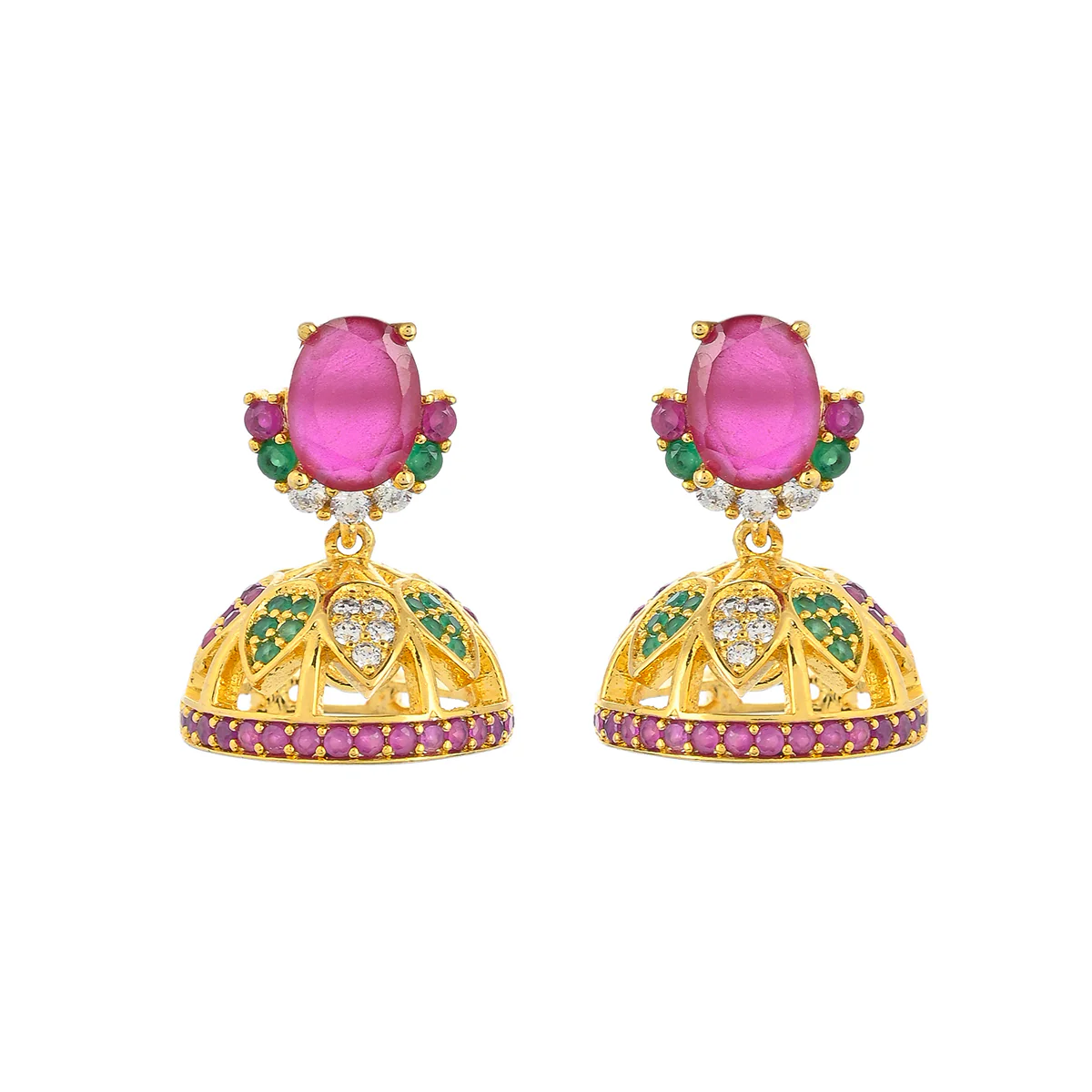 CZ Traditional Gold Plated Red & Green Jhumka Earrings - Image 3