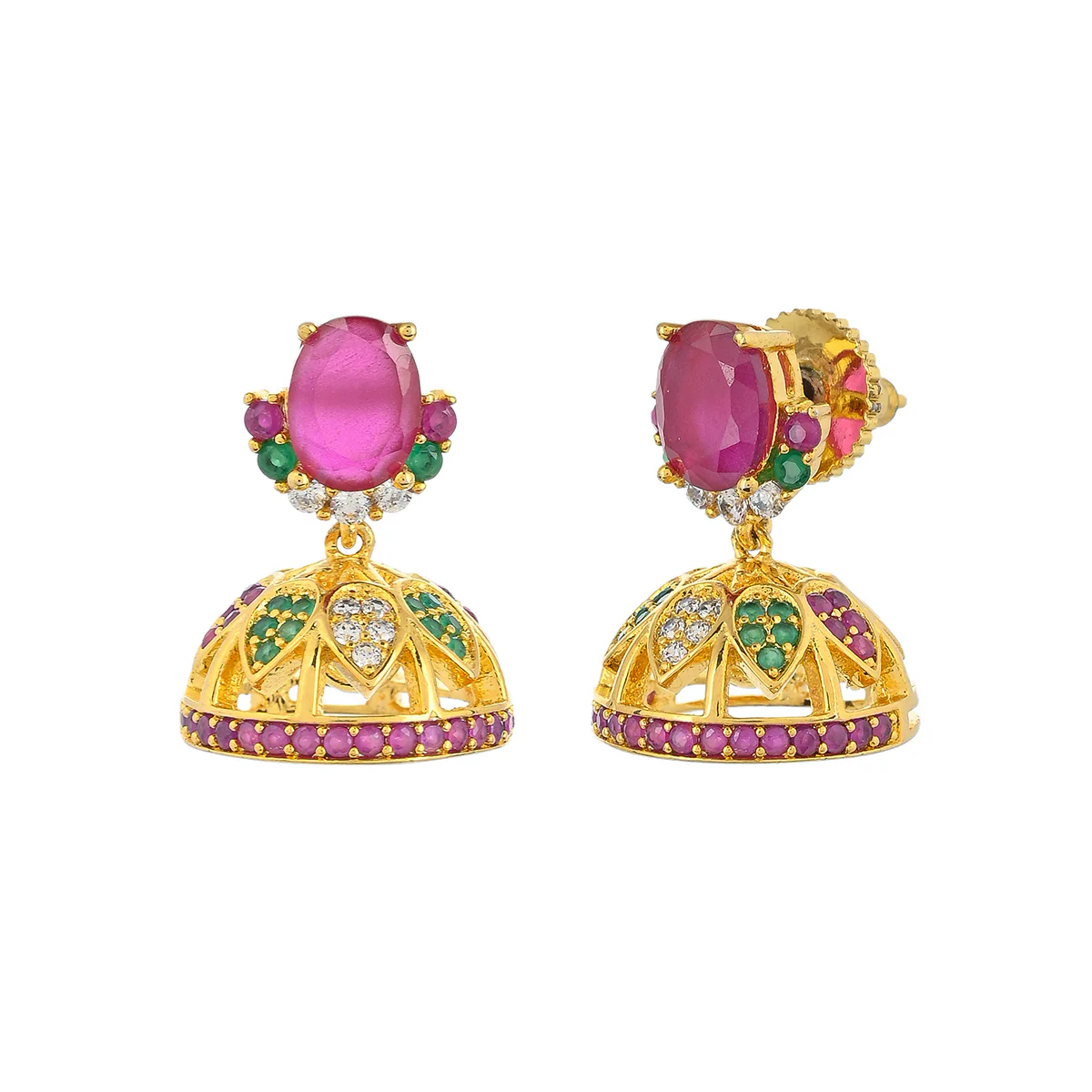 CZ Traditional Gold Plated Red & Green Jhumka Earrings - Image 4