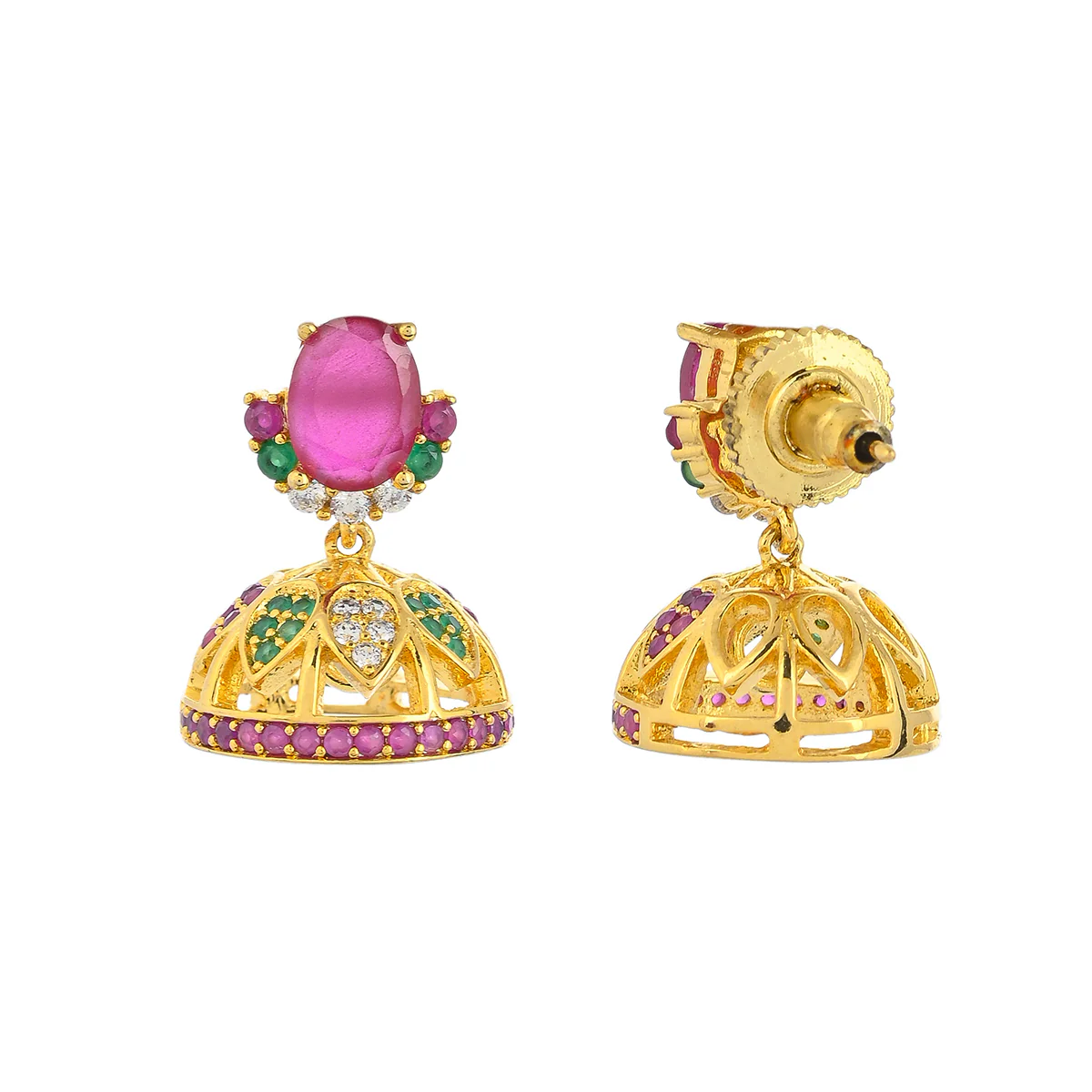 CZ Traditional Gold Plated Red & Green Jhumka Earrings - Image 5