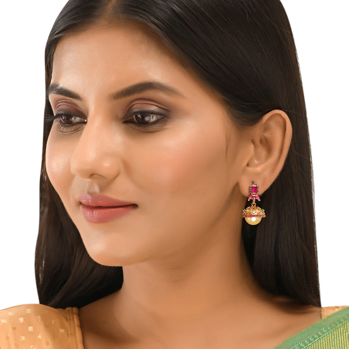 CZ Traditional Gold Plated Red & Green Jhumka Earrings - Image 2