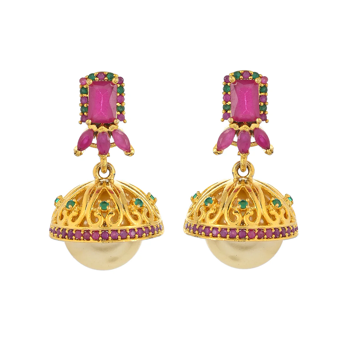 CZ Traditional Gold Plated Red & Green Jhumka Earrings - Image 3