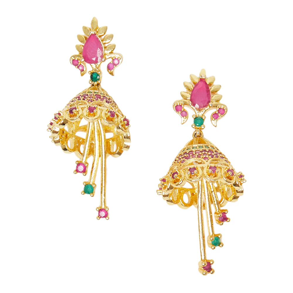 American Diamond CZ Traditional Gold Plated Red & Green Brass Jhumka Earrings for Women - Image 3