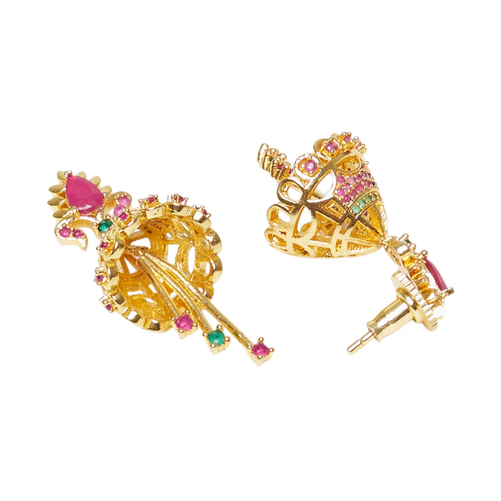 American Diamond CZ Traditional Gold Plated Red & Green Brass Jhumka Earrings for Women - Image 4