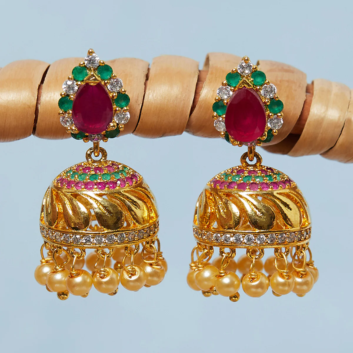 American Diamond CZ Traditional Gold Plated Red & Green Brass Jhumka Earrings for Women