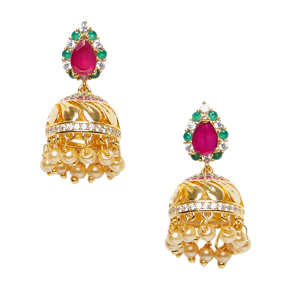 American Diamond CZ Traditional Gold Plated Red & Green Brass Jhumka Earrings for Women - Image 3