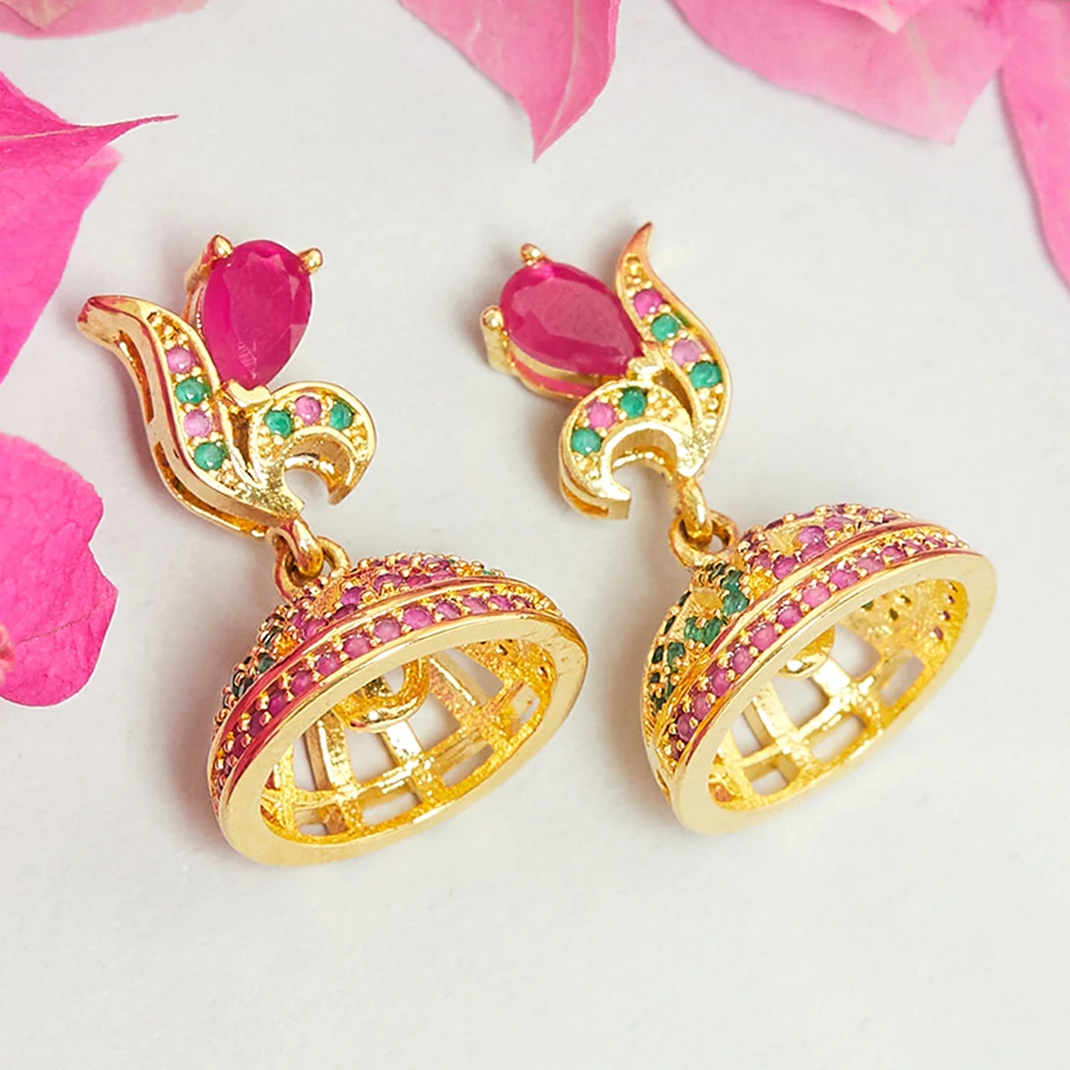 American Diamond CZ Traditional Gold Plated Red & Green Brass Jhumka Earrings for Women