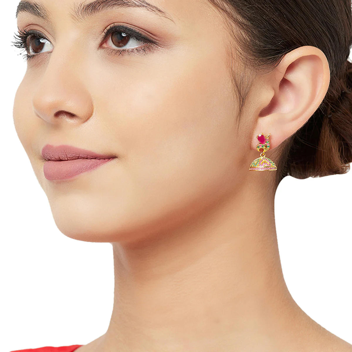 American Diamond CZ Traditional Gold Plated Red & Green Brass Jhumka Earrings for Women - Image 2