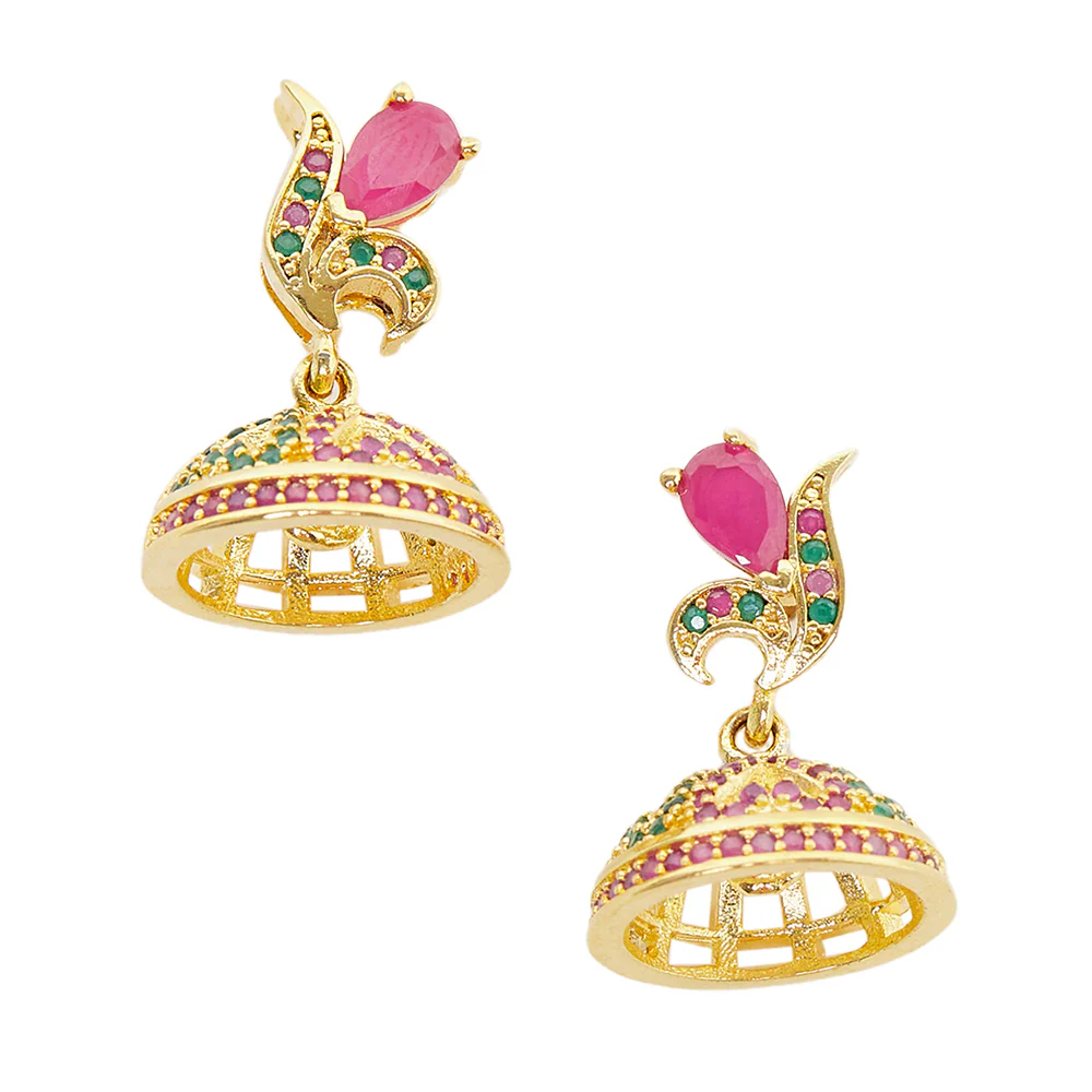 American Diamond CZ Traditional Gold Plated Red & Green Brass Jhumka Earrings for Women - Image 3