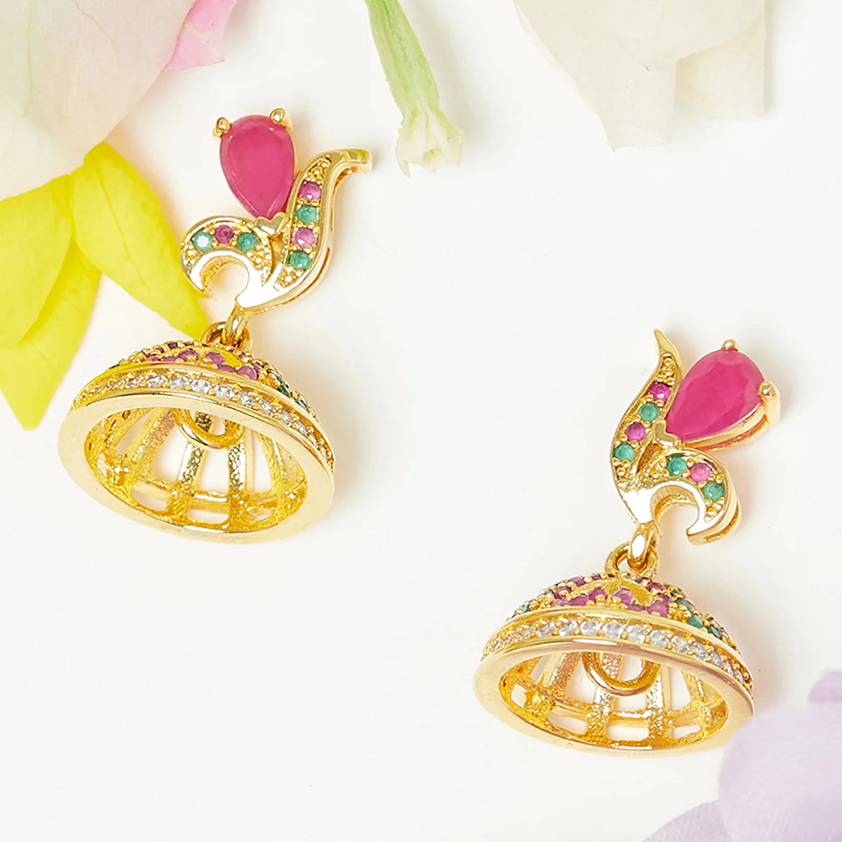 American Diamond CZ Traditional Gold Plated Red & Green Brass Jhumka Earrings for Women